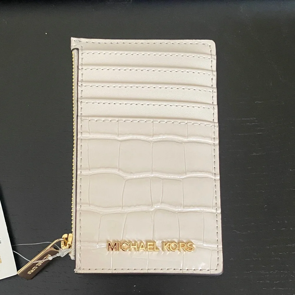 Michael Kors Croc-Embossed Card Holder with Gold Hardware